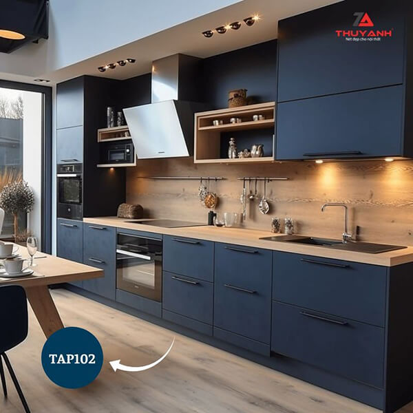 Tủ bếp gỗ công nghiệp xanh