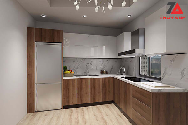 Ván gỗ plywood làm tủ bếp chữ L